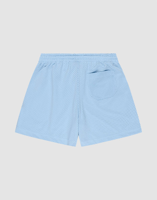 The LIVE FAST DIE YOUNG Basic Mesh Shorts in light blue feature a regular fit, elastic waistband, single back pocket, and subtle logo patch. Displayed flat against a plain white background.