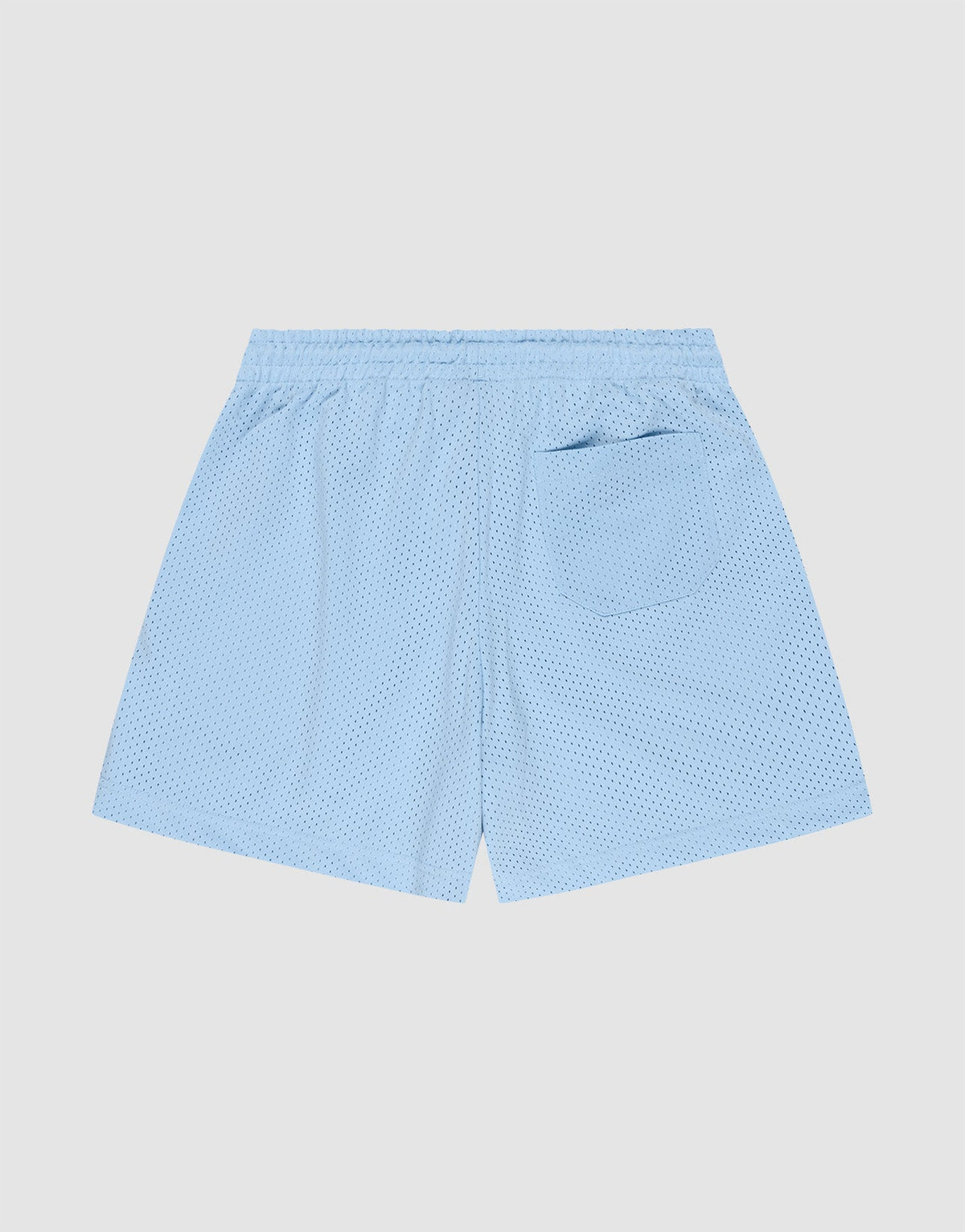 The LIVE FAST DIE YOUNG Basic Mesh Shorts in light blue feature a regular fit, elastic waistband, single back pocket, and subtle logo patch. Displayed flat against a plain white background.