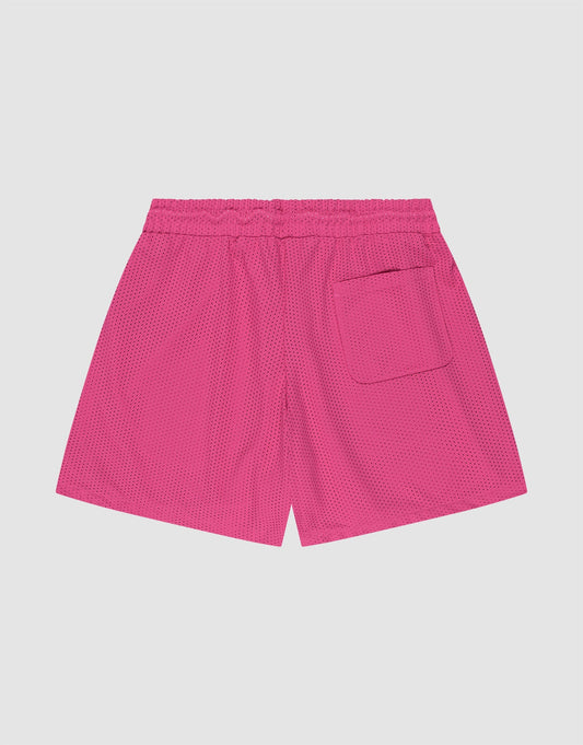 The LFDY Oval Mesh Shorts by LIVE FAST DIE YOUNG are bright pink, feature a regular fit, elastic waistband, and single back patch pocket, made from lightweight polyester and shown on a plain light background.