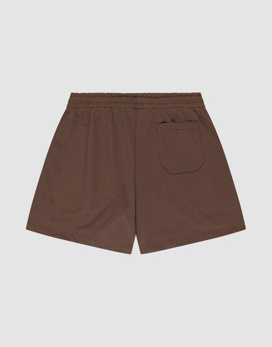 LIVE FAST DIE YOUNG Basic Mesh Shorts in brown, featuring Regular Fit, elastic waistband, and single back pocket. Displayed flat on a plain light background, 100% polyester, showing the back view.