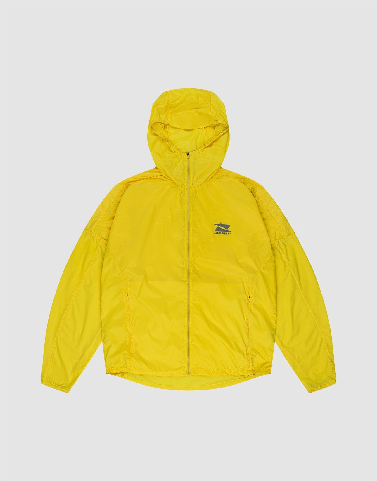 The Live Fast Performance Running Jacket by LIVE FAST DIE YOUNG is a bright yellow, regular fit hooded windbreaker with a front zipper, long sleeves, lightweight material, green chest logo, and reflective front print on a white background.