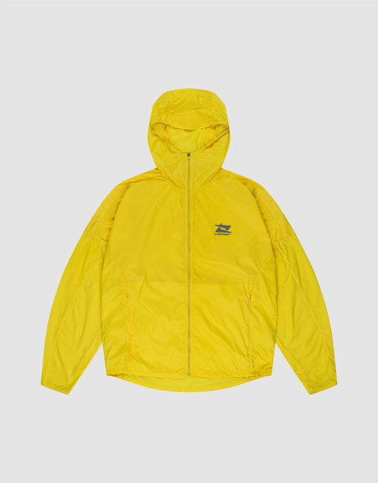 The Live Fast Performance Running Jacket by LIVE FAST DIE YOUNG is a bright yellow, regular fit hooded windbreaker with a front zipper, long sleeves, lightweight material, green chest logo, and reflective front print on a white background. | plain