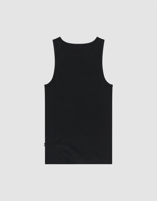 The LIVE FAST DIE YOUNG Blank Rib Tank, a slim-fit sleeveless top in plain black, is displayed flat on a white background with the back view shown. The smooth Baumwolle fabric has no visible patterns or logos.