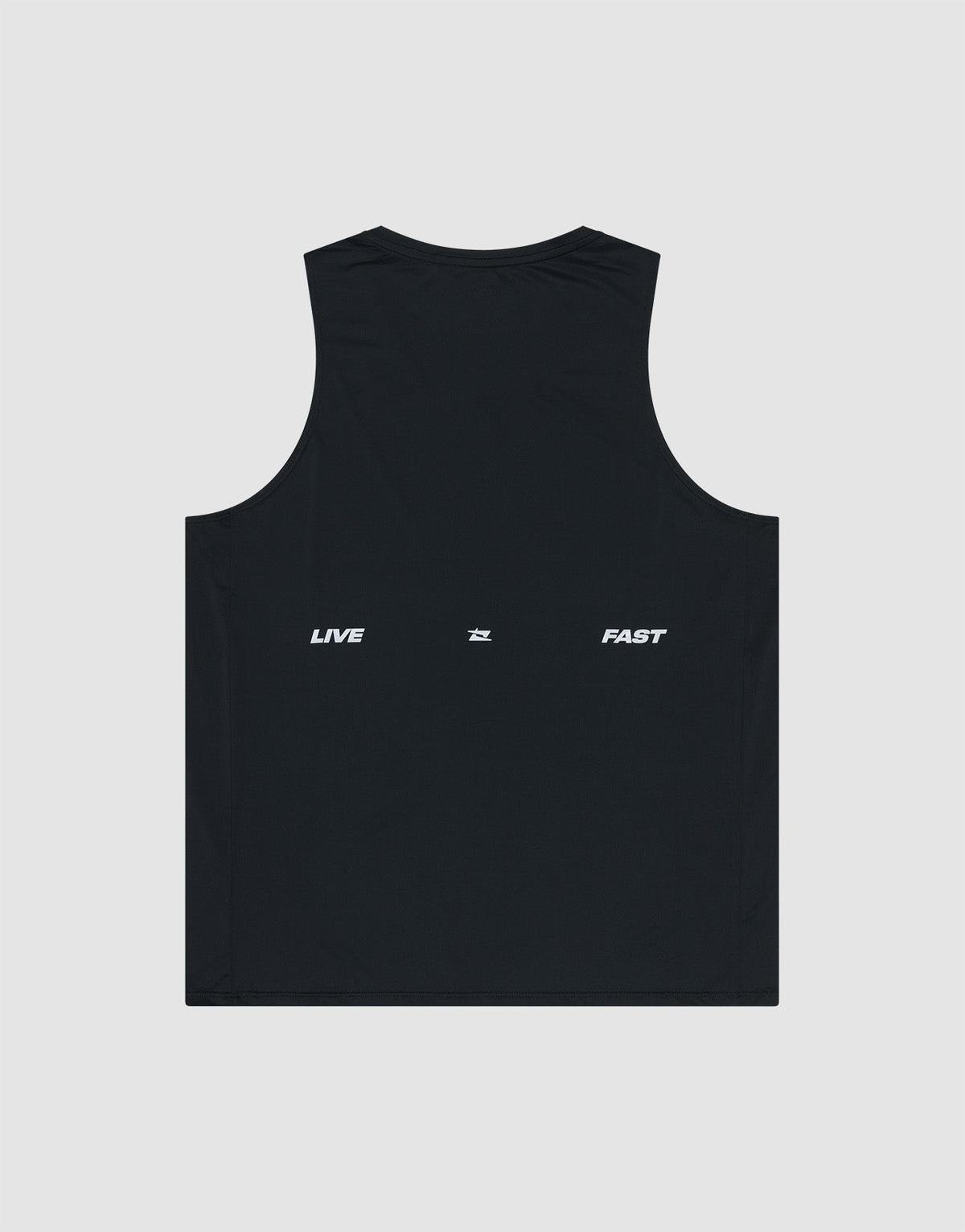 The LIVE FAST DIE YOUNG Live Fast Performance Tank is a black, slim fit sleeveless top with soft fabric and "LIVE" and "FAST" in white capitals, separated by a small symbol, printed on the upper back.