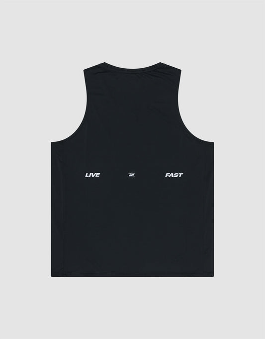 The LIVE FAST DIE YOUNG Live Fast Performance Tank is a black, slim fit sleeveless top with soft fabric and "LIVE" and "FAST" in white capitals, separated by a small symbol, printed on the upper back.