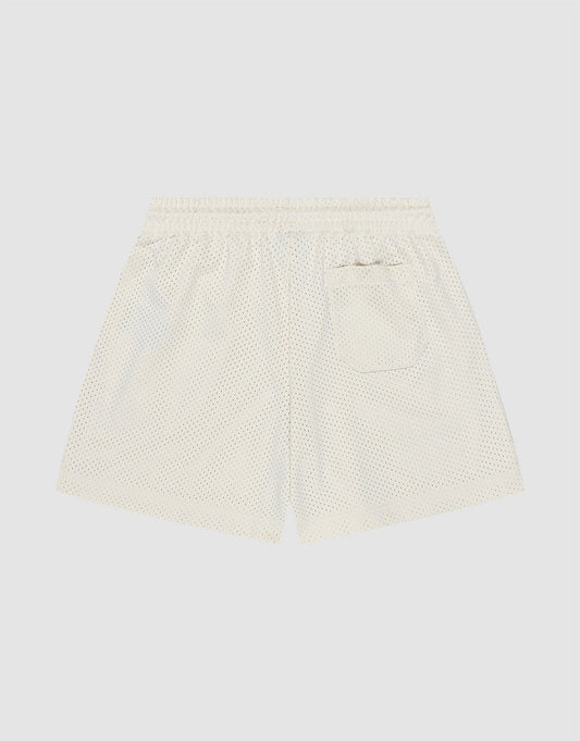 Back view of LIVE FAST DIE YOUNG Basic Mesh Shorts in white polyester mesh with an elastic waistband and a single patch pocket featuring a subtle logo patch, displayed on a plain light background.