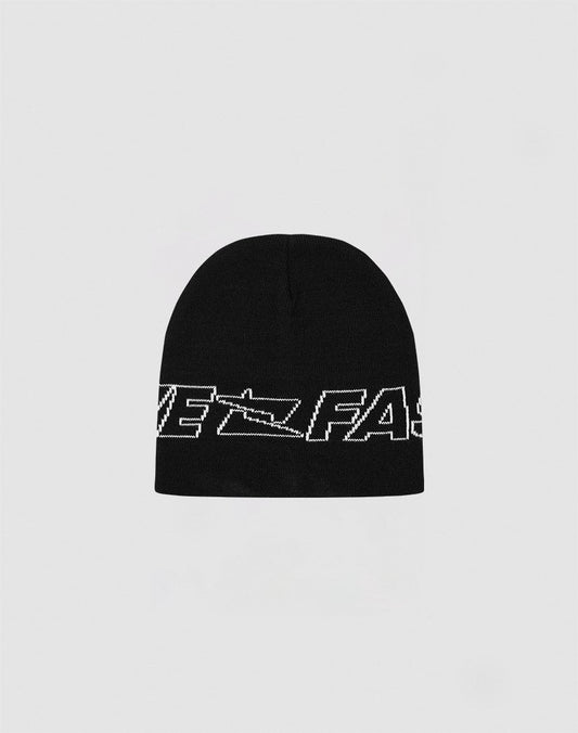 The Live Fast Jacquard Beanie by LIVE FAST DIE YOUNG is a black Polyacryl beanie with white FAST text and a subtle Logo Strick Outline, shown on a plain light gray background. Model: LF2410-16283. 