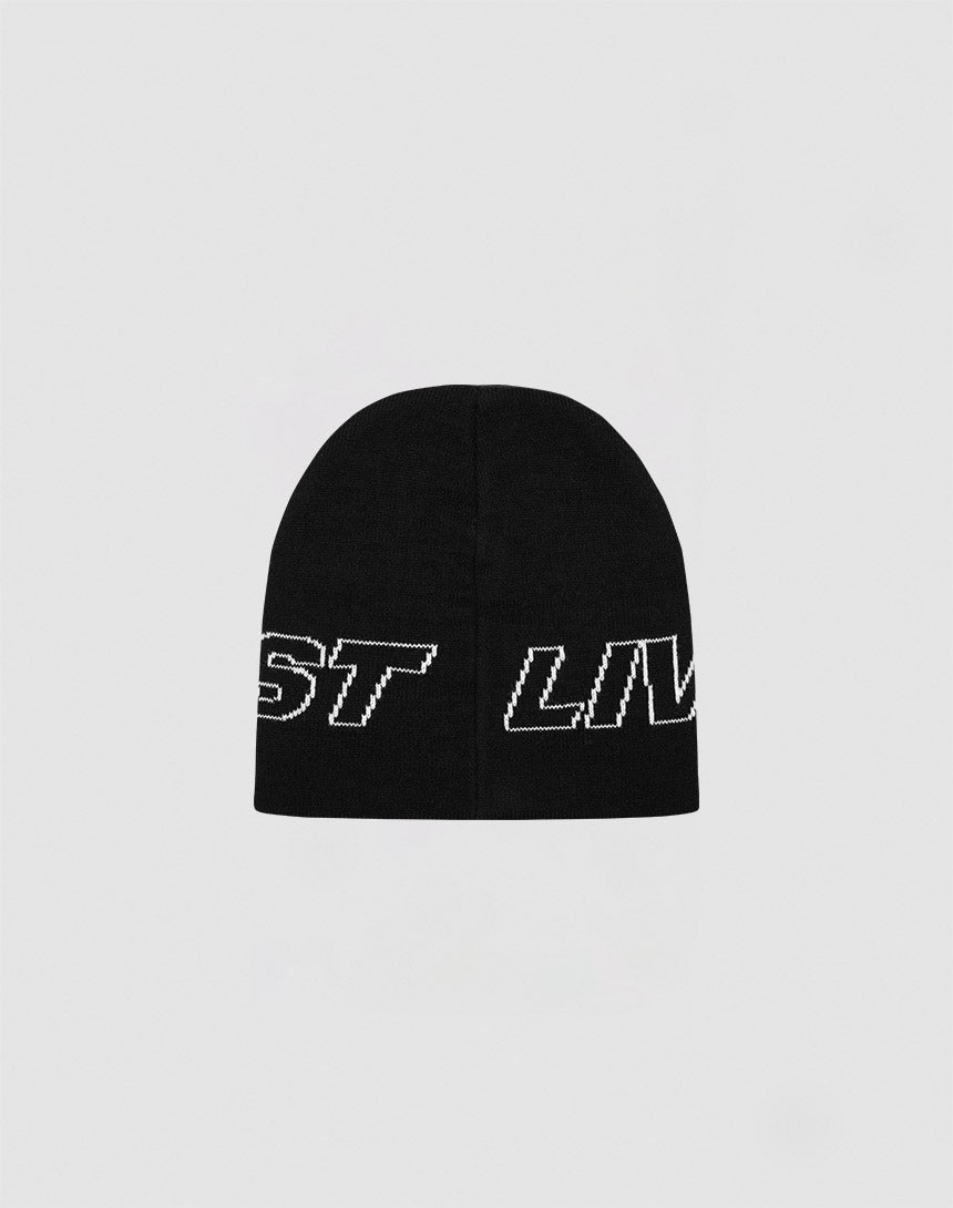 The Live Fast Jacquard Beanie by LIVE FAST DIE YOUNG is a black Polyacryl knit hat with white stitched ST LIV text wrapping around it, style LF2410-16283, displayed on a plain light gray background.
