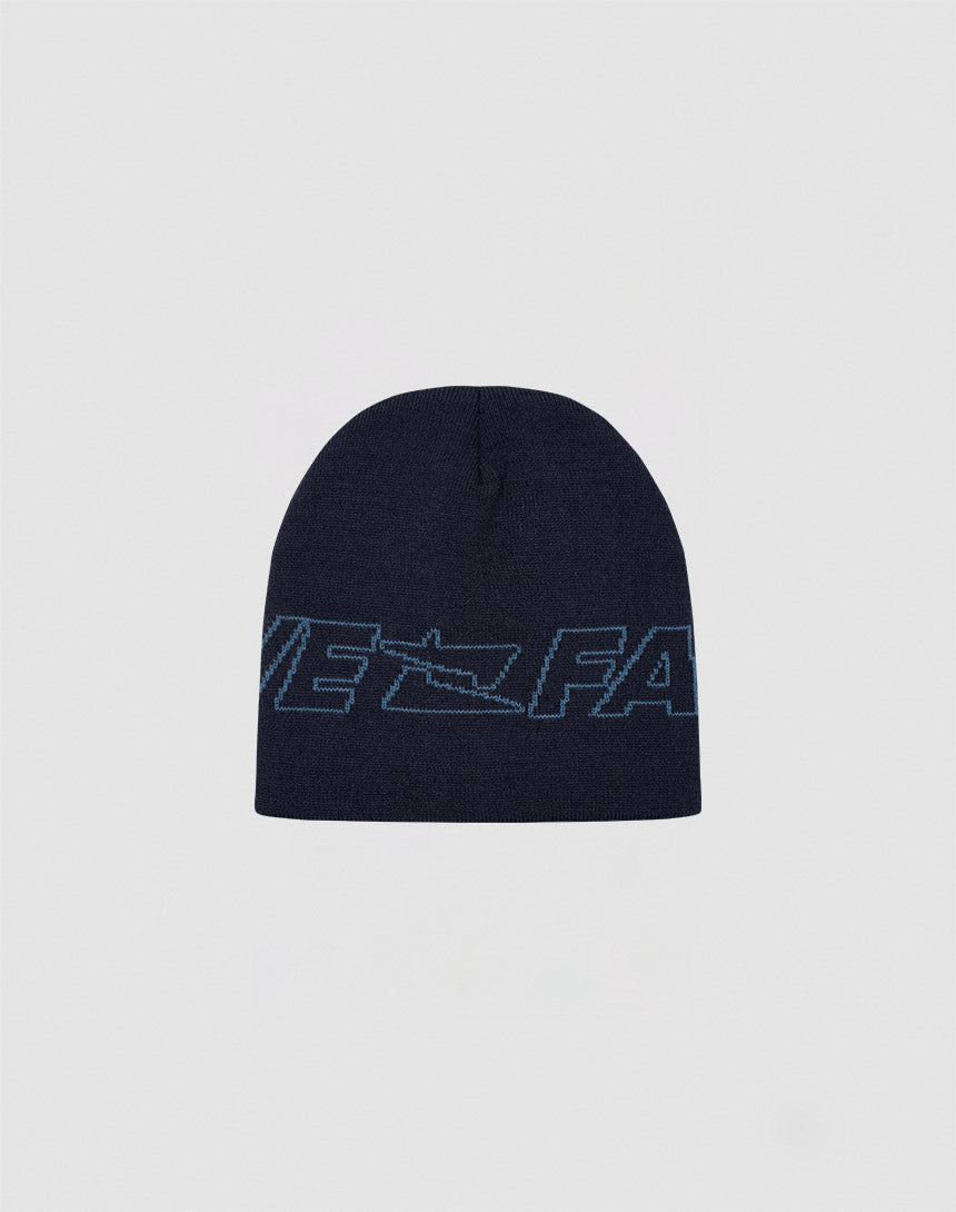 The Live Fast Jacquard Beanie by LIVE FAST DIE YOUNG is a dark blue knit in soft Polyacryl, featuring a light blue large Logo Strick Outline on the front. Model: LF2410-16487. Displayed on a plain light gray background.
