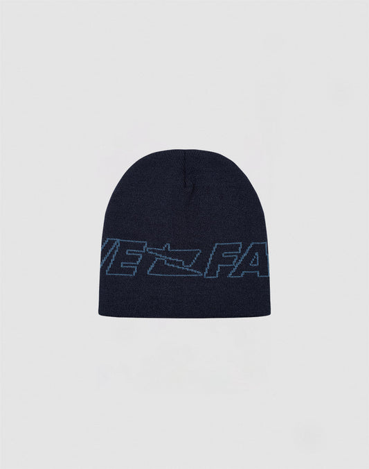 The Live Fast Jacquard Beanie by LIVE FAST DIE YOUNG is a dark blue knit in soft Polyacryl, featuring a light blue large Logo Strick Outline on the front. Model: LF2410-16487. Displayed on a plain light gray background.| plain 