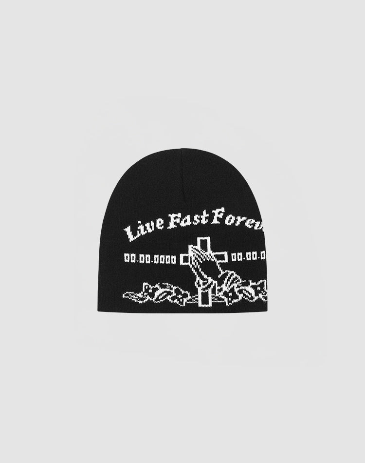 The LFDY Praying Beanie by LIVE FAST DIE YOUNG features Live Fast Forever in white, praying hands with a cross, and barbed wire graphic. Made from soft Polyacryl and available in One Size.| plain