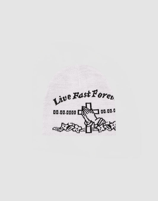 The LFDY Praying Beanie by LIVE FAST DIE YOUNG is a white polyacryl hat with black praying hands, cross, barbed wire designs, and “Live Fast Forever” on the front. Style code: LF2506-17924.