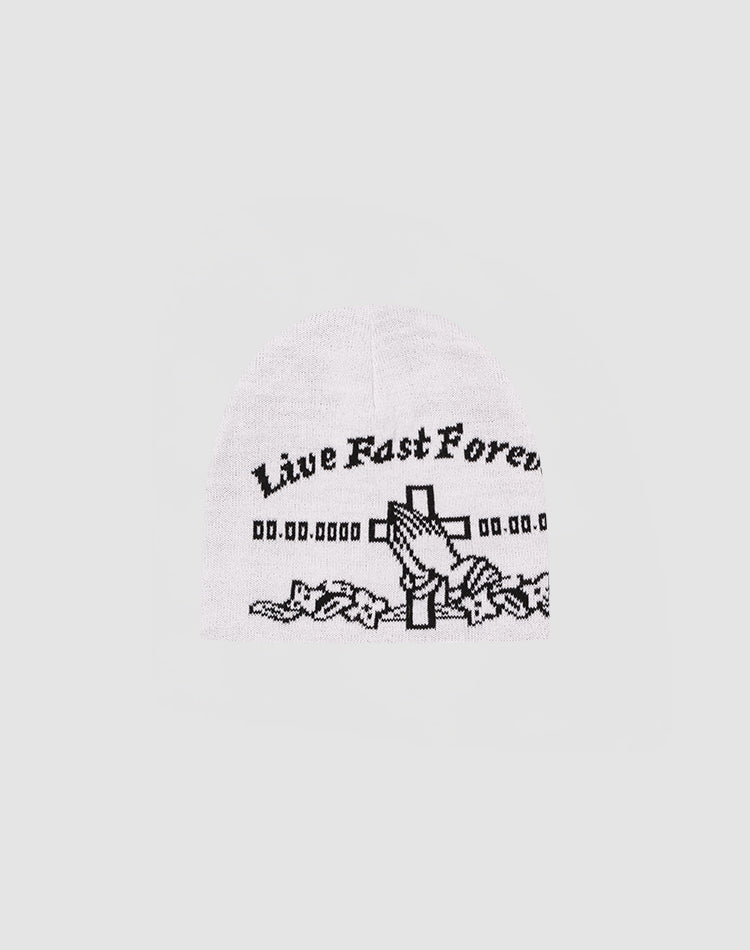 The LFDY Praying Beanie by LIVE FAST DIE YOUNG is a white polyacryl hat with black praying hands, cross, barbed wire designs, and “Live Fast Forever” on the front. Style code: LF2506-17924.
