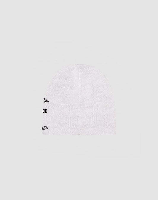 The LFDY Praying Beanie by LIVE FAST DIE YOUNG is a plain white polyacryl knit hat with small black symbols and a logo stick with text on the left side, shown on a light gray background.