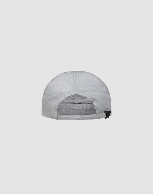 The LFDY Performance Cap by LIVE FAST DIE YOUNG is shown from the back in light gray nylon, with a horizontal mesh panel, adjustable strap and black toggle, subtle logo print, set against a plain light gray background.