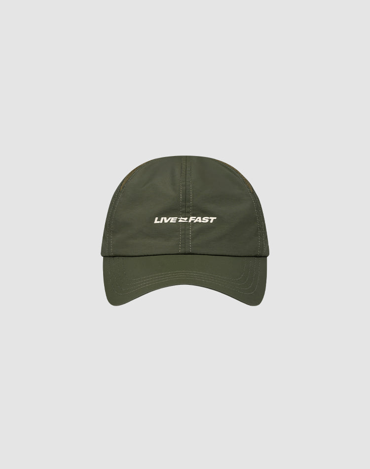 The LFDY Performance Cap by LIVE FAST DIE YOUNG is an olive green nylon cap with white LIVE FAST text on the front, geometric ventilation holes, and adjustable sizing, shown on a light gray background.| plain