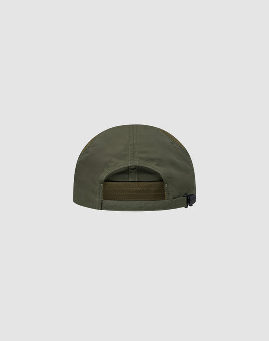 Rear view of the LFDY Performance Cap by LIVE FAST DIE YOUNG in olive green nylon, with a fabric strap, black plastic buckle, and geometric ventilation holes, set against a plain light gray background.