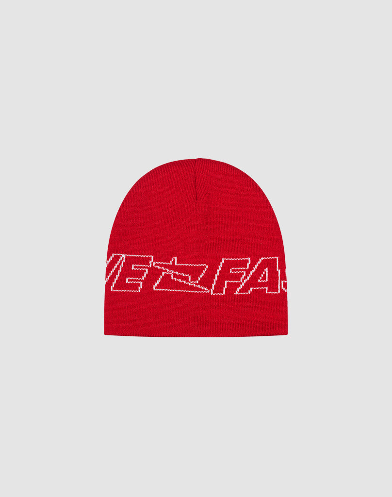 The Live Fast Jacquard Beanie by LIVE FAST DIE YOUNG is a red knit Polyacryl beanie with a white abstract logo and text design, partially reading VE FAS, shown on a light gray background.